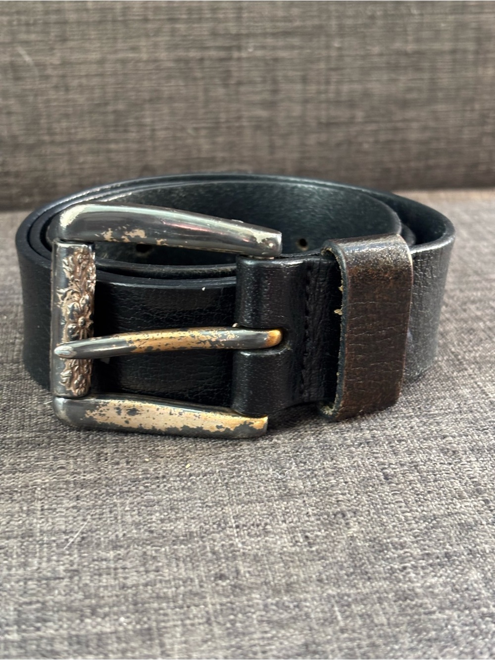 Fossil Black Leather Belt with Distressed Metal Buckle Floral Accent